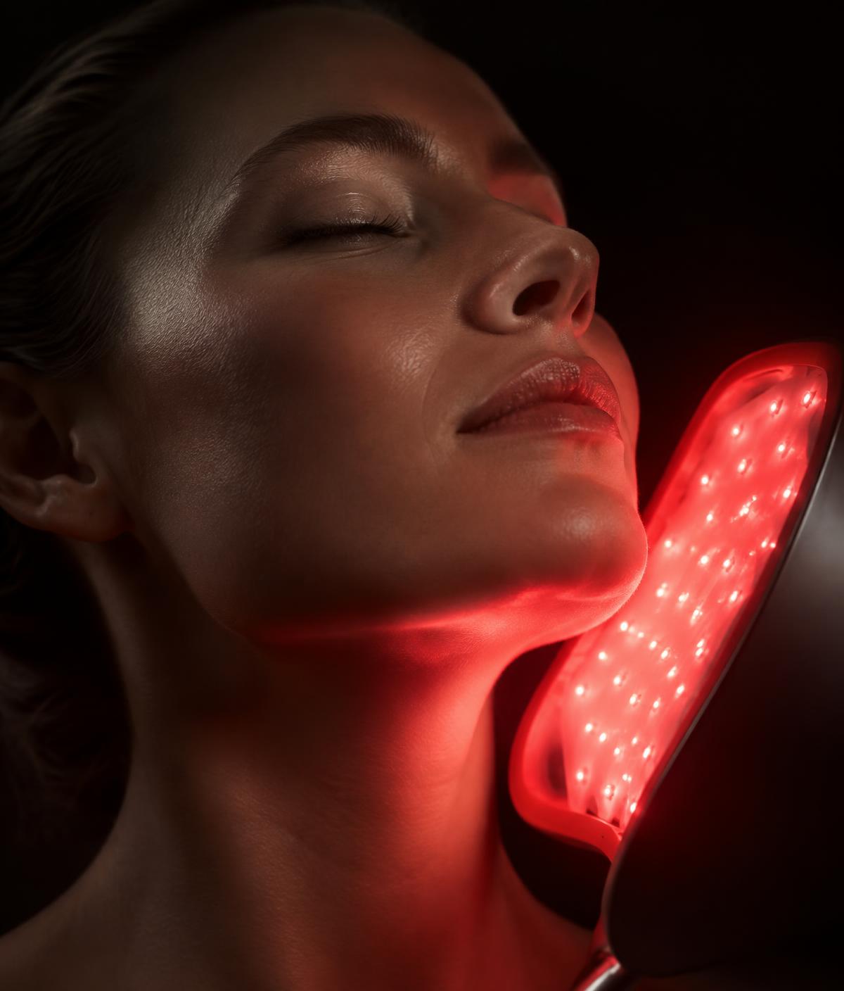 Close-up of red light therapy applied to skin