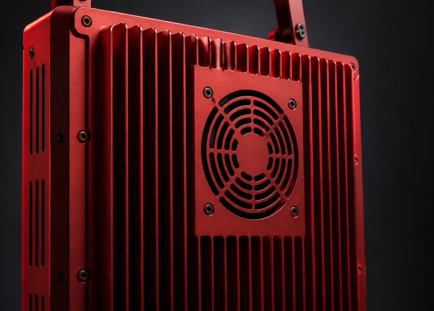 Aluminium heat-sink and fan detail on the back of a panel